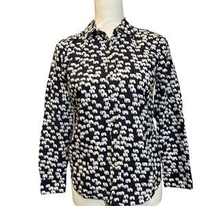 Talbots Petites Navy with White Elephants Button Down Women's Size Small Petite‎